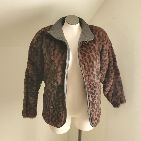 80s 90s Vintage Fully Reversible Leather & Brown Leopard Faux Fur Jacket - Picture 5 of 9
